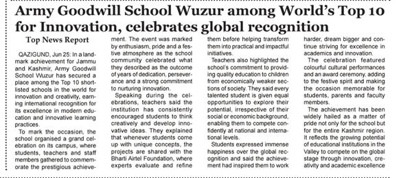 Army Goodwill School Wuzur Among The World's Top  10 Schools for Innovation.